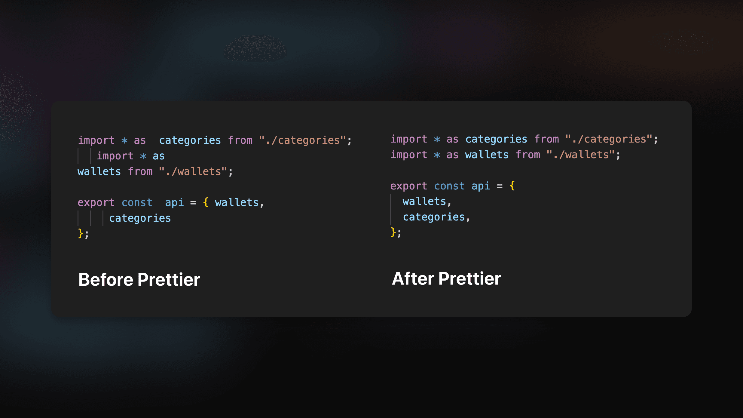 Code before & after formatting with Prettier