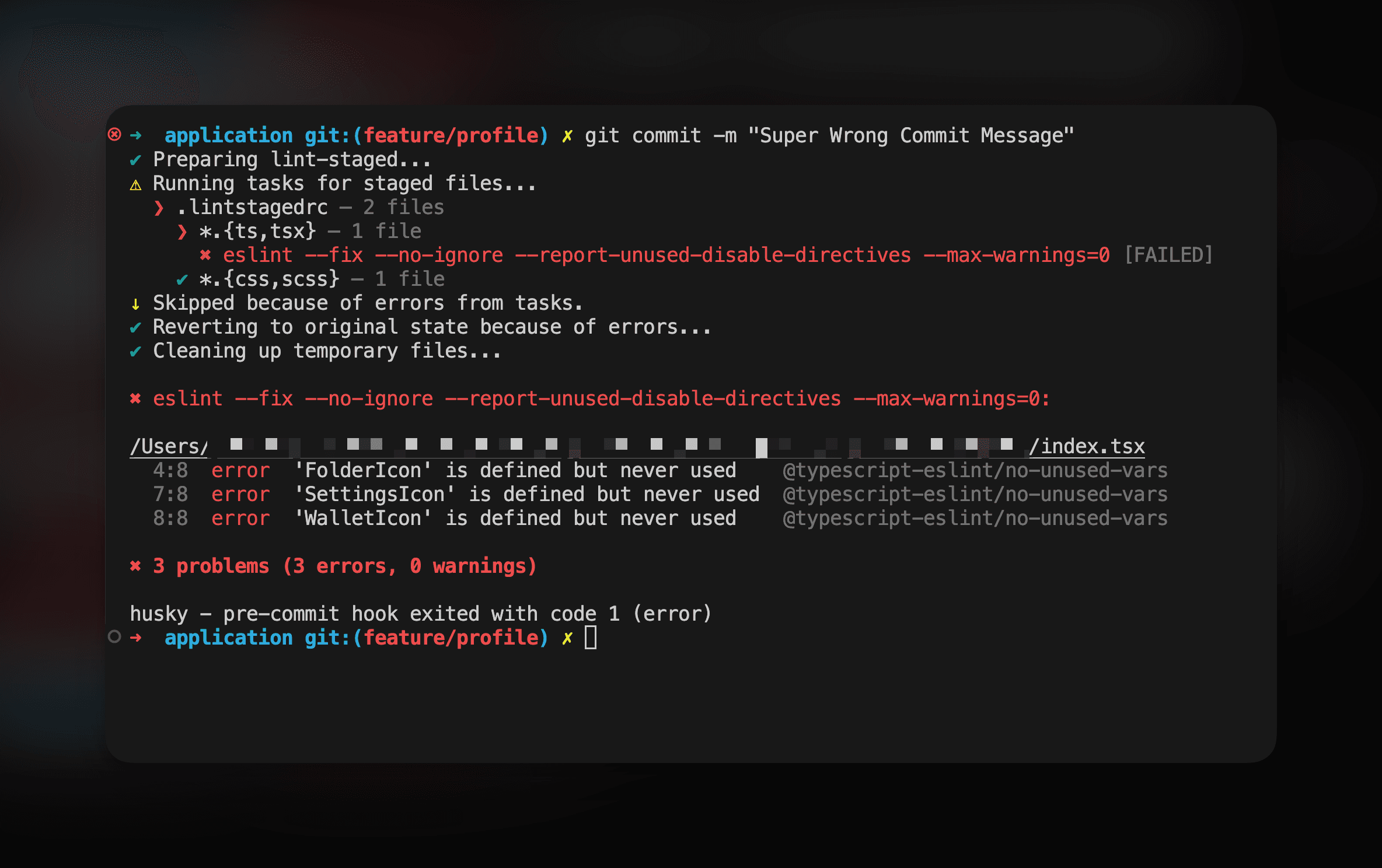 The result of lint-staged work in terminal